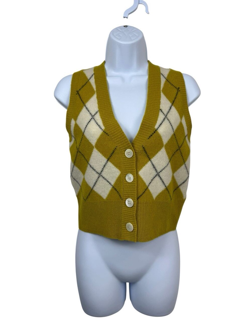 Alex Mill Womens XS Merino Wool Argyle Sweater Vest Mustard Button Front Preppy